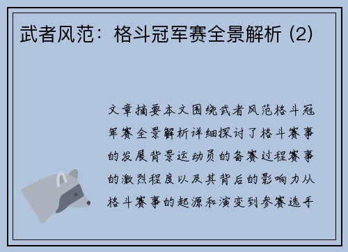 武者风范：格斗冠军赛全景解析 (2)